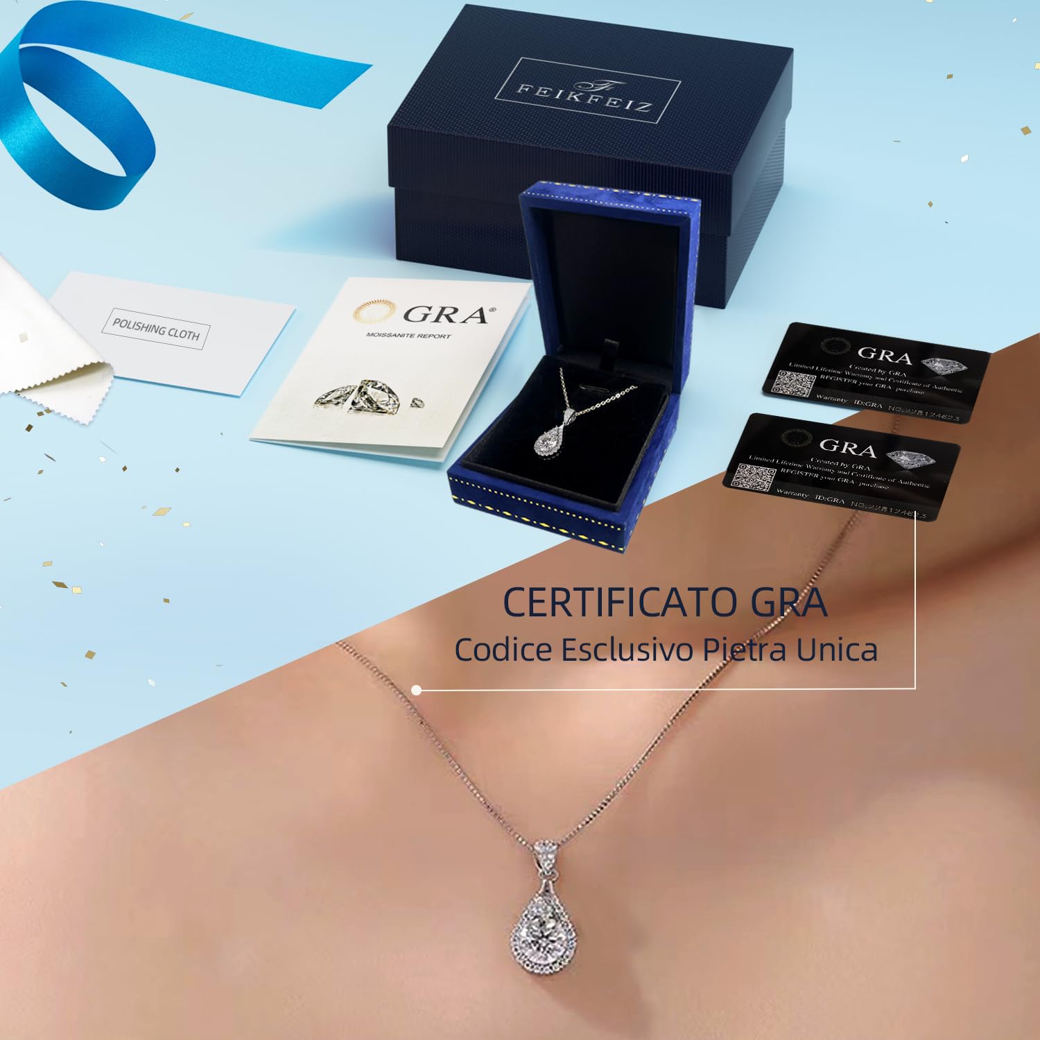 FEIKFEIZ Collana in moissanite da donna, pendente in diamante coltivato in laboratorio da 2 carati, placcata in rodio, collana d'argento con una sola gemma, con scatola regalo inclusa.