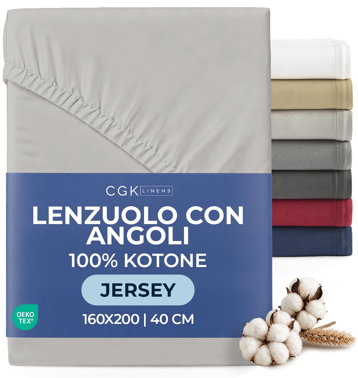 Lenzuolo Angoli 160x200 - Jersey Cotone Tasca 40cm (16") - Grigio Chiaro | Cotone Elasticizzato Morbido, Traspirante, Elastico Tutto Intorno, Facile da Stirare, Lavabile in Lavatrice, OEKO-TEX