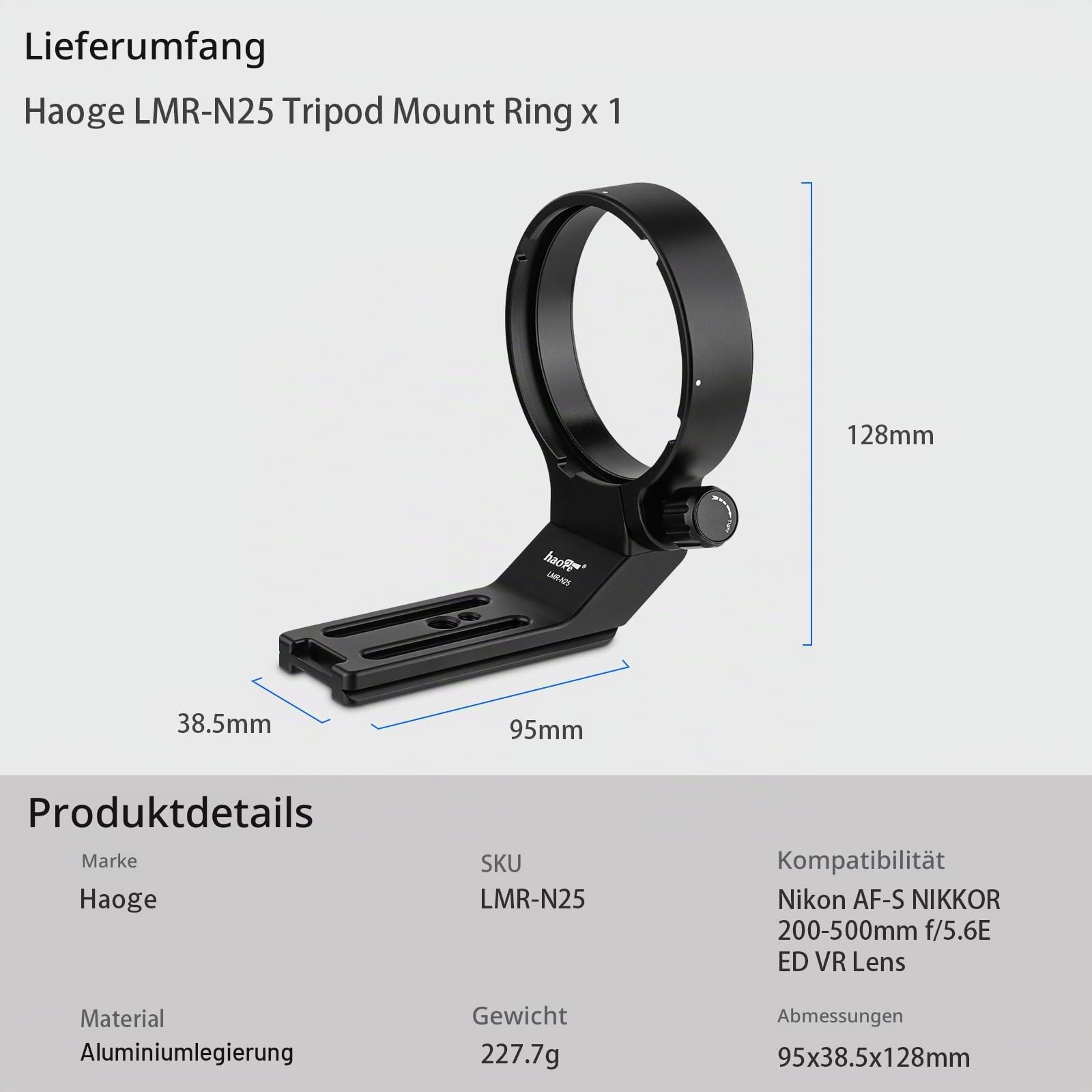 Haoge LMR-N25 Objektivmanschetten-Fuß-Stativ-Halterungsring für Nikon AF-S Nikkor 200–500 mm f/5.6E ED VR Objektiv, integrierte Arca-Swiss-Schnellwechselplatte