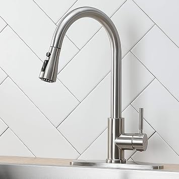 IKEBANA Kitchen Faucet, Brushed Nickel Kitchen Sink Faucet with Pull Down Sprayer, High Arc Single Handle Stainless Steel Pull Out Faucet for Kitchen Sink