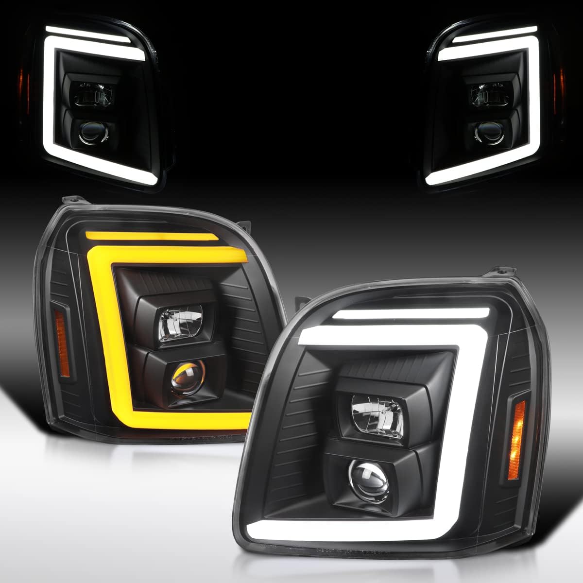 Headlights For 2007-2014 GMC Yukon XL Denali Black Left+Right | Clear Lens, Sequential LED Signal, Projector