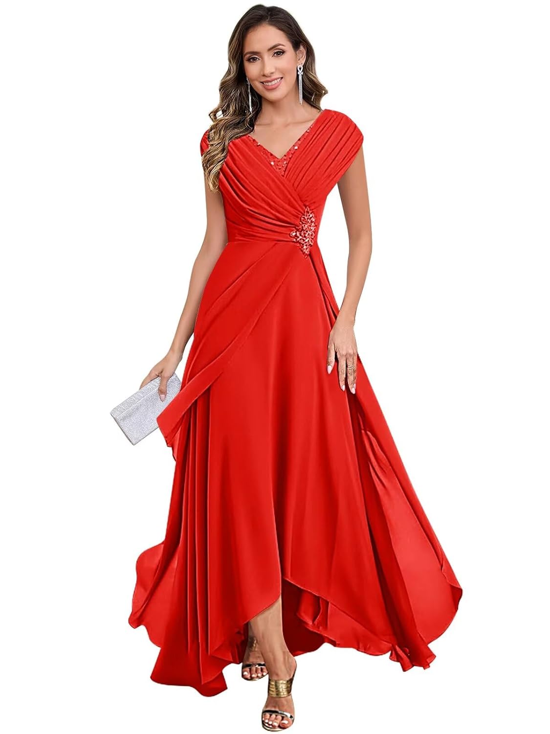 Beaded Mother of The Bride Dresses with Cape Sleeves V Neck Chiffon Pleated Tea Length Formal Evening Gown