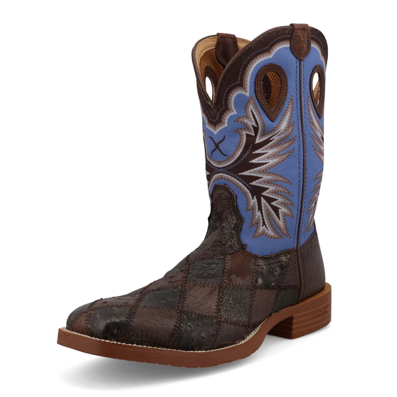 Twisted X Men's 11" Tech X Boot, Wide Square Toe with CellStretch and Tech X, Saddle &amp; Iron Grey Ostrich &amp; Sky Blue, 12 EE