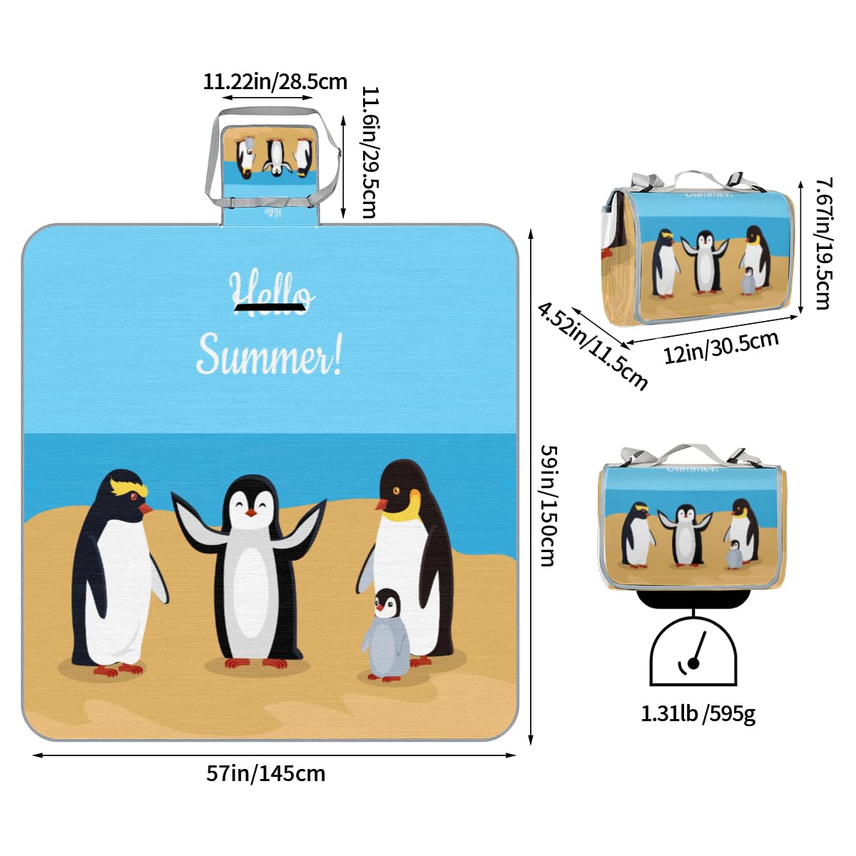 Shimoshe Picnic Blankets 57”x 59”, Beach Penguin Waterproof Sandproof Picnic Mat Lightweight Foldable Beach Blanket for Camping Park Grass Beach Outdoor Blanket