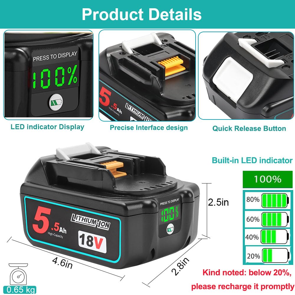 Powarobor 2 sztuki BL1850B 18 V 5,5 Ah akumulator litowo-jonowy z ładowarką DC18RC zestaw startowy, kompatybilny z akumulatorami Makita 18 V BL1860 BL1830 DC18RA DC18SD LXT-400 narzędzia elektryczne