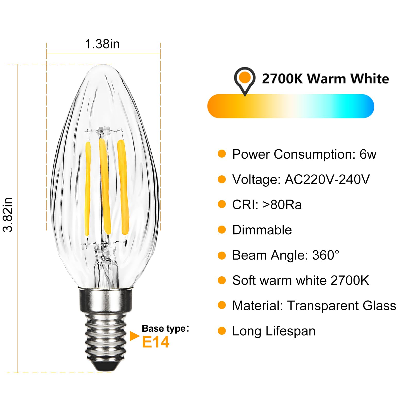 BRIMAX E14 LED Candle Bulbs Dimmable 6W, 60W Equivalent, Soft Warm White 2700K, Flame Wrinkle Glass Shell - Image 3