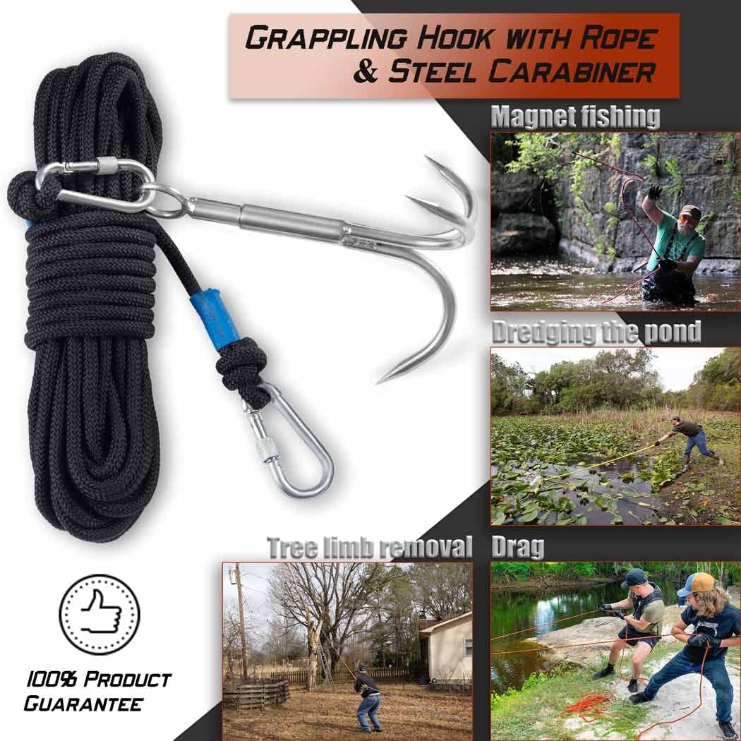 Grappling Hook with Rope-Includes Nylon Rope 6/8/10mm 50FT,Large Grapple Hook(Heavy Duty) and Double Carabiner,for Magnet Fishing/Drag/Tree Limb Removal