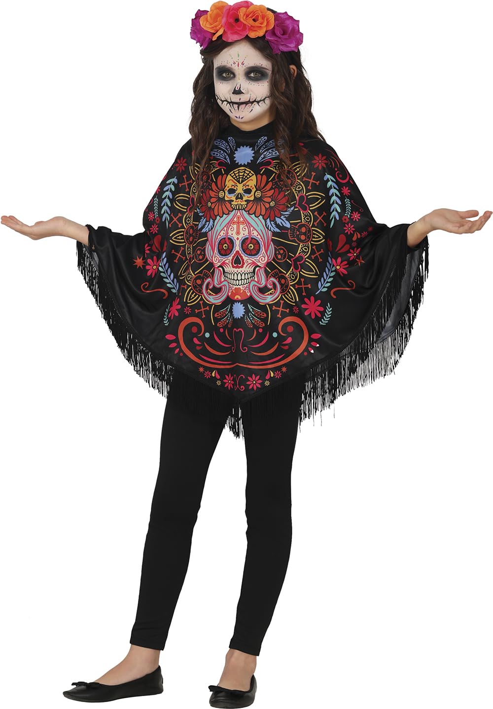 FIESTAS GUIRCA | Day of the Dead Poncho Fancy Dress Costume Children (7-9 Years) - Poncho for Girls - Halloween, Carnival and Fancy Dress Costumes - Ideal for Animal Celebrations - Black