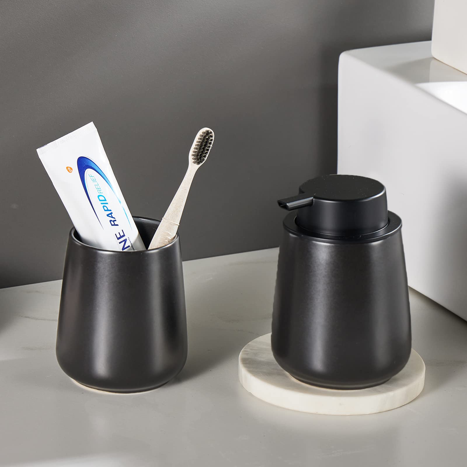 340 ml schwarzer Seifenspender – Keramik-Lotion-Handseifenspender-Set mit leicht zu drückender Pumpe, nachfüllbarer Flüssigseifenspender für Badezimmer, Spülseifenspender für Küche, 2 Stück
