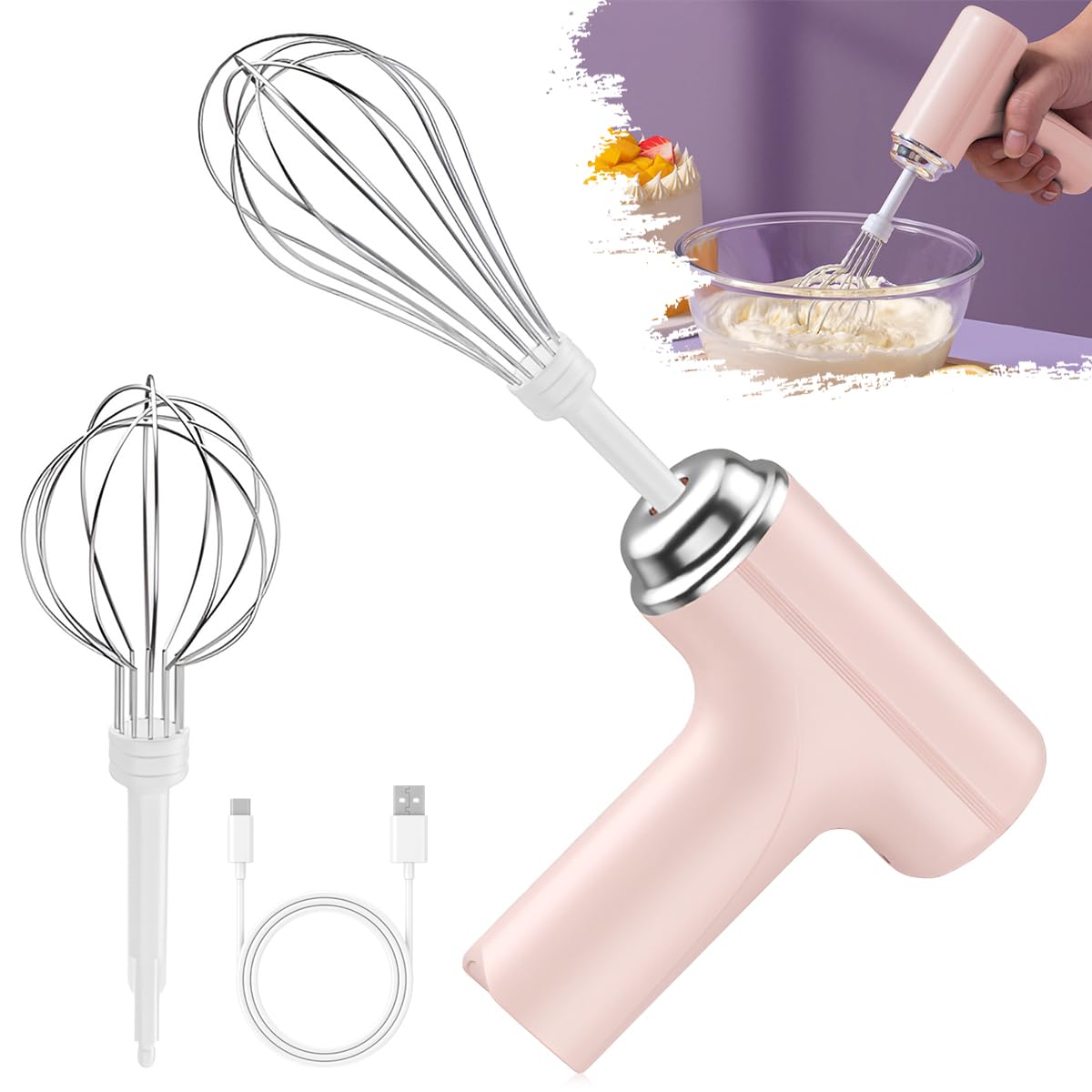 Hand Mixer, LULUWA Handheld Electric Whisk with 3 Speed Modes & Hand Held Egg Beater with 2 Detachable Stir Whisks (Pink)