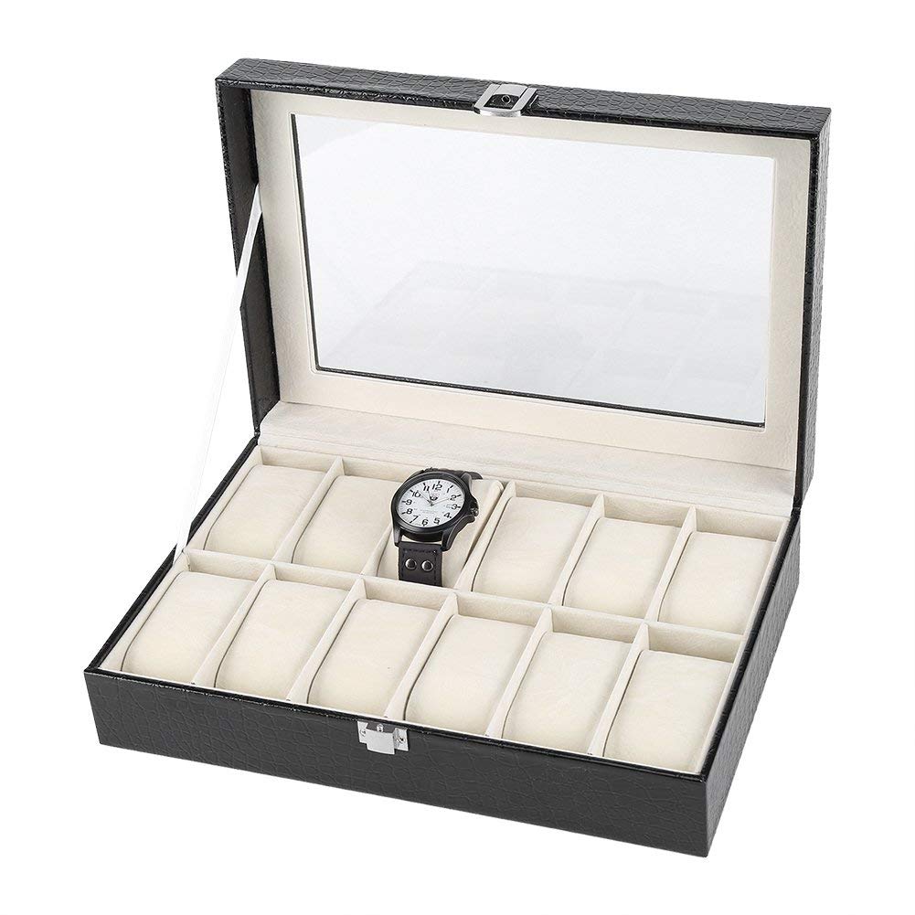 Fdit Grande boîte à montres en cuir synthétique à 12 emplacements pour montres et bijoux - Avec couvercle en verre et verrou en métal - Pour homme et femme (noir)