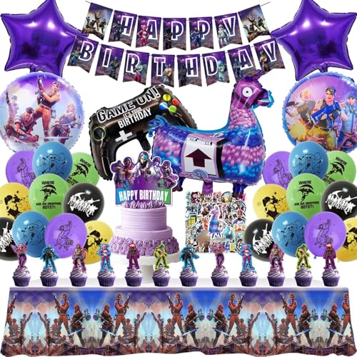 103pcs Balloon Tableware Party Decorations - Include Happy Birthday Banner Cake Toppers Foil Latex Balloons Plates and Cups Birthday Decoration for Boys loving Battle Game