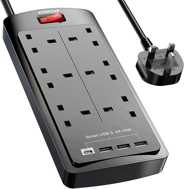 6 Way Extension Lead with 4 USB Slots (3.4A, 1 Type C and 3 USB-A Ports) ,POWSAF Power Strip Extension Cord with 6 Plug Extension Socket and 2M Extension Cable for Home Office Travel,Black
