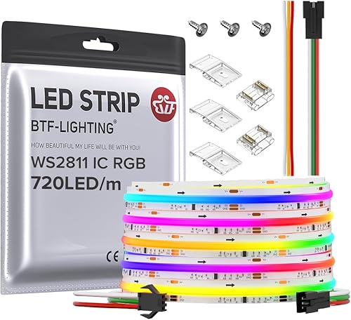BTF-LIGHTING FCOB WS2811 RGB IC Chip Flexible de alta densidad uniforme luz LED de color persecución DC24V 720LEDm 16.4FT 100IC 0.472in ancho Dream