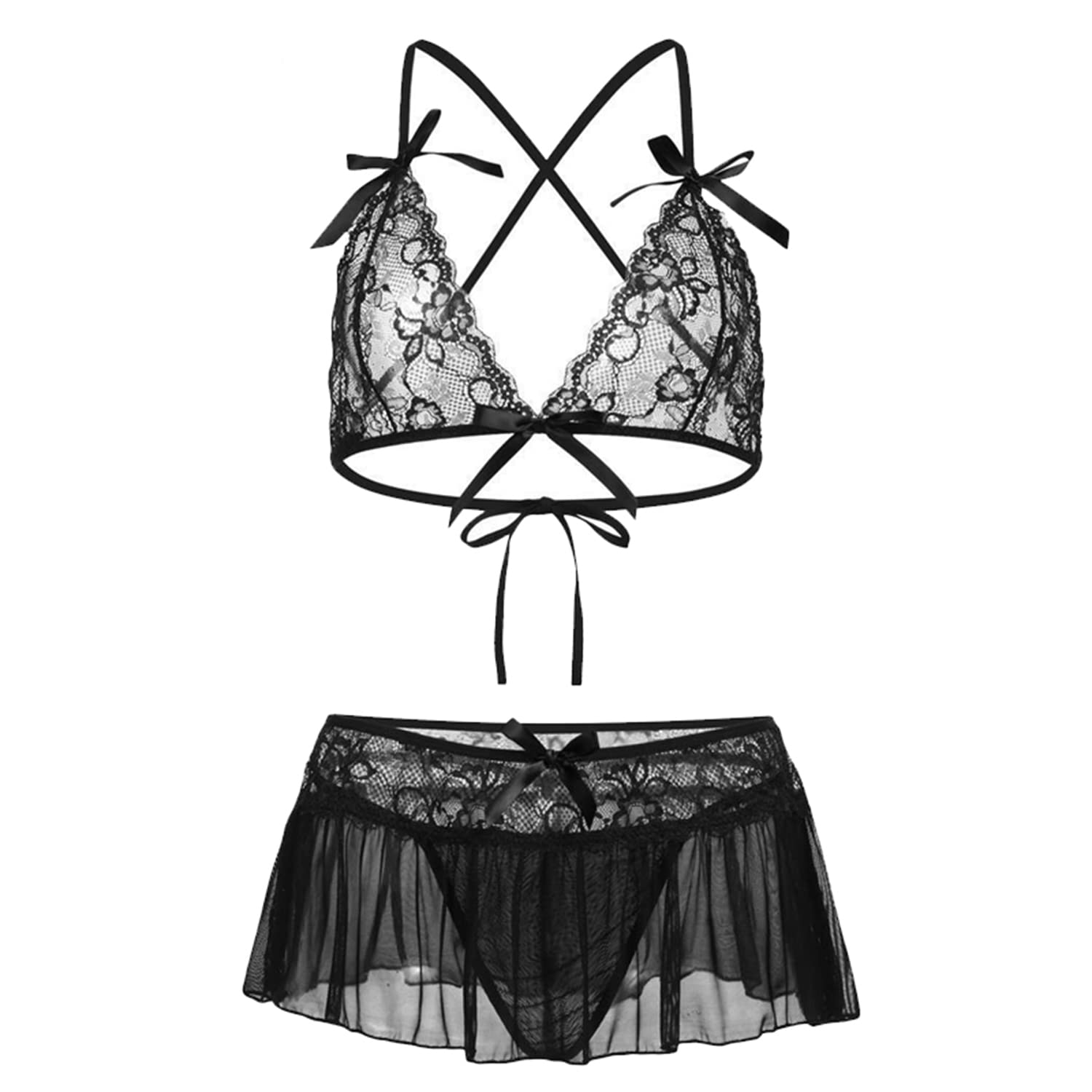 Sponsored Ad - Women's Mini Chemise Baby Doll Lingerie Set Net & Lace Fabric Above kneee Solid Design Nightwear Honeymoon Anniversary, Valentine Gift Dress for Ladies