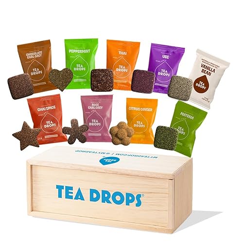 Tea Drops Set de regalo 9 muestras de té orgánico de hojas sueltas (Chai, Earl Grey, cítricos, jengibre, rosa, matcha, menta, Ube, Assam Thai)
