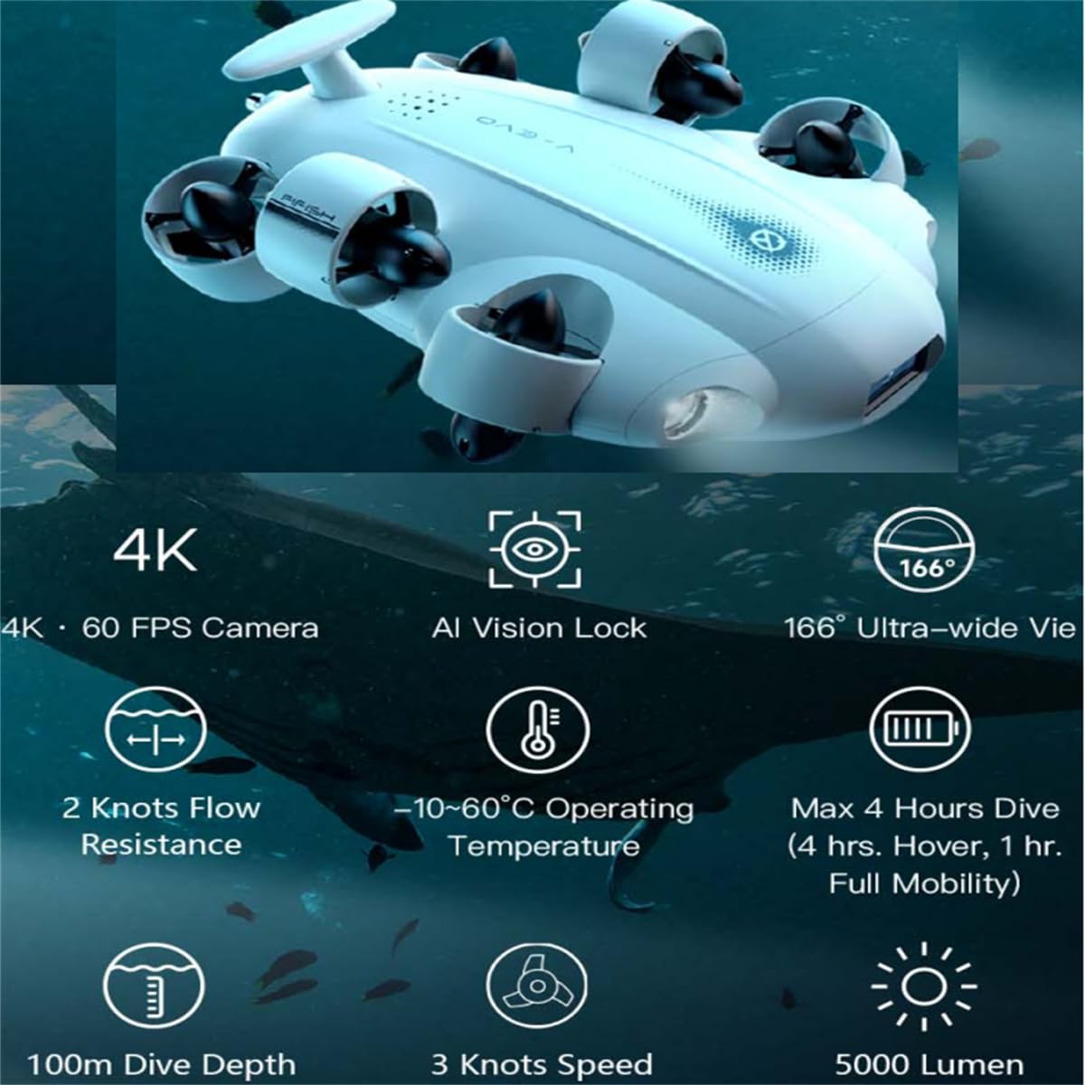 Fifish V-VEO Drone Submarino VR, Robot ROV Con Bloqueo de Postura, Rollo de 360°, Cámara 4K UHD, Cable de 100 m, Buscador de Peces RC (Estándar +)