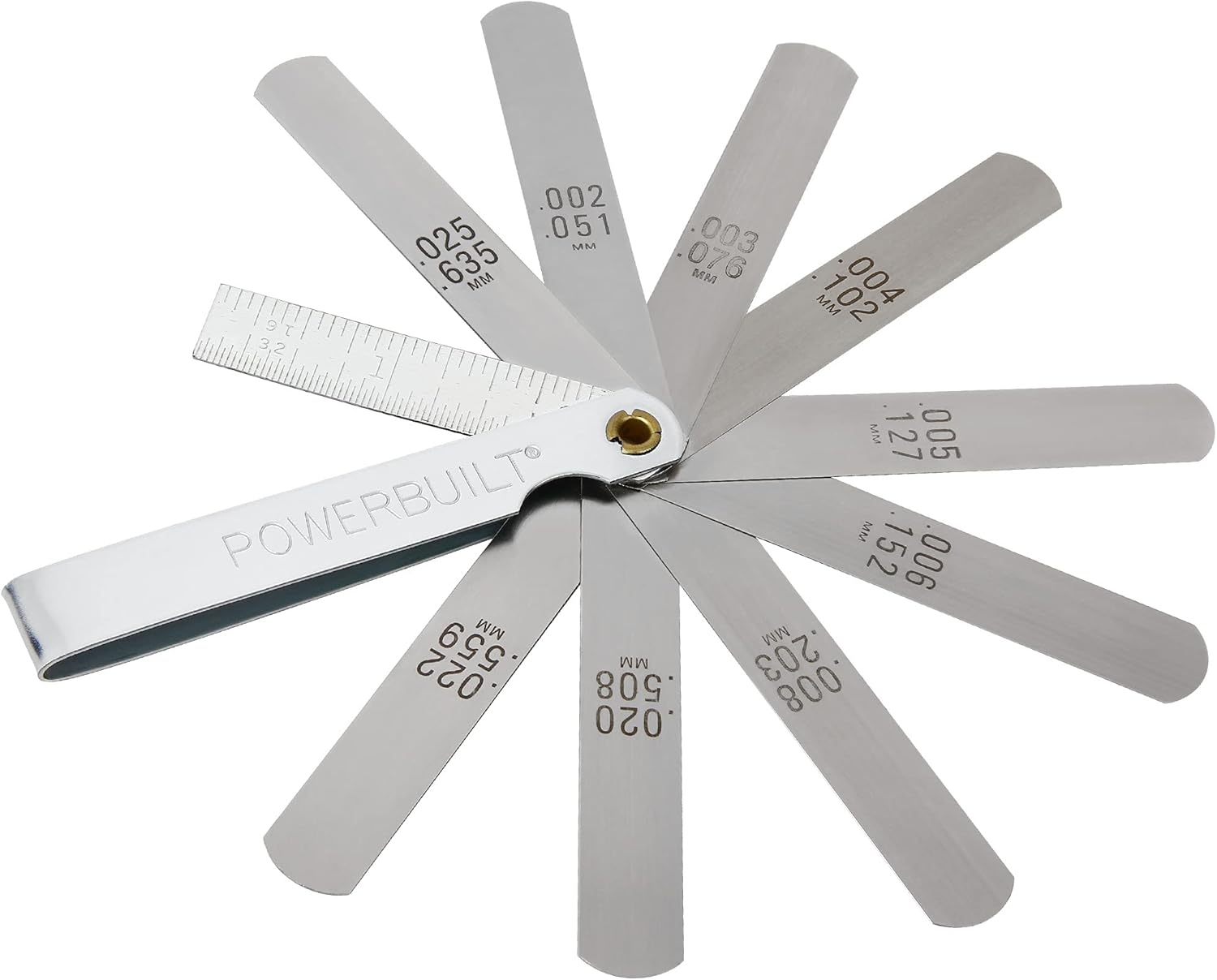 Powerbuilt 9 Blade Merric/SAE Feeler Gauge and Ruler, 9 Blade: 0.002"-0.025" (0.051mm-0.635mm), 2" Steel Ruler, Dual-Marked SAE and Metric Sizes - 648514