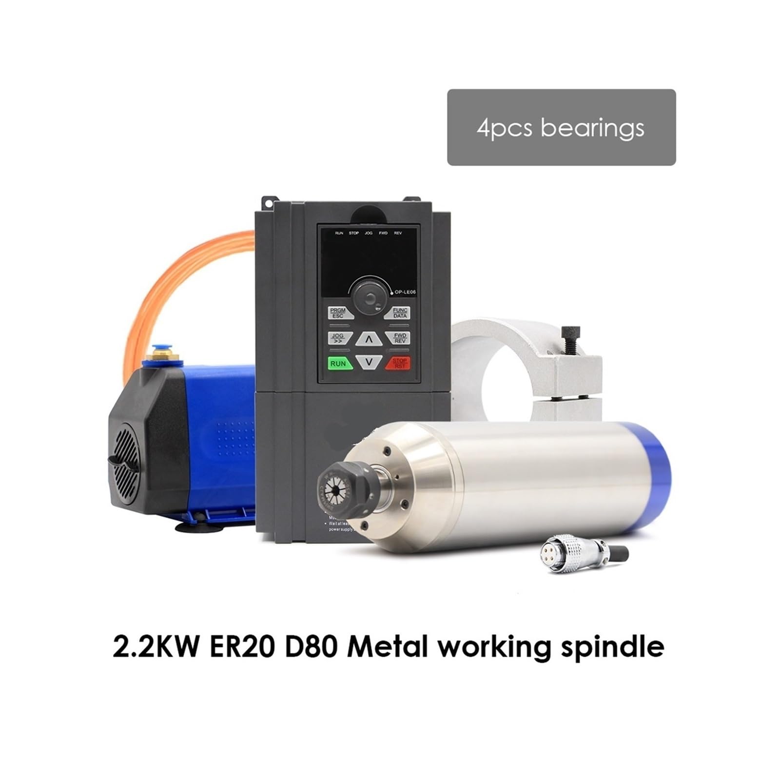 KACOME Water-Cooled Spindle Motor kit 220v 380v 2.2KW4 Ceramic Bearing 2/4 Pole Metal Processing 2.2KW BD600 Inverter(400Hz-24000rpm,220v Connctor)