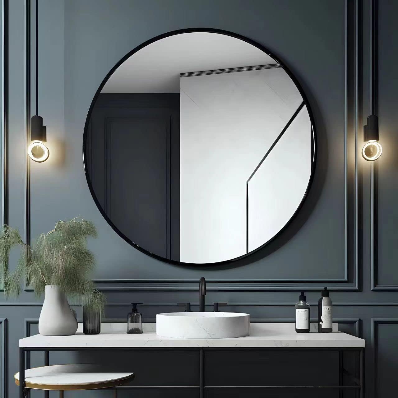 36" Black Round Metal Framed Bathroom Wall Mirror
