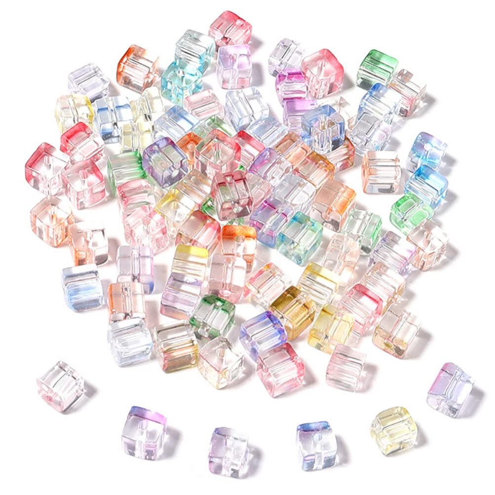 Iridescent Beads Cube Glass Beads Square Hole Colorful Loose Beads Mini Japanese Glass Beads Diy Jewelry Making Spacer Bead 100pcs for Bracelet Necklace Earring Cube Mini Beads