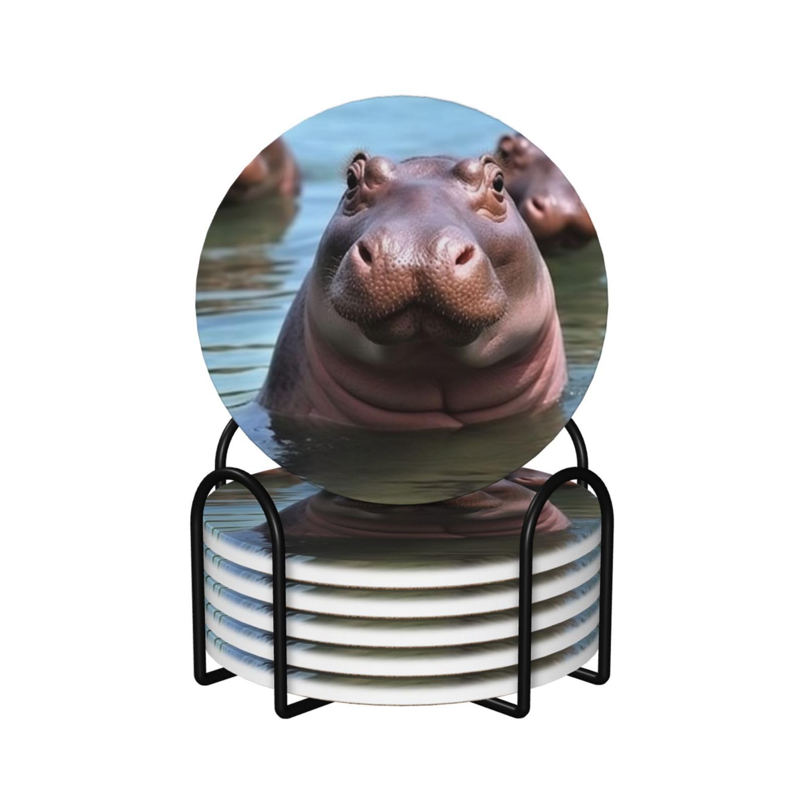 6Pcs Ceramics Coaster for Drinks, Cute Hippos Cup Coasters with Holder, Aesthetic Drink Coasters for Coffee Table, Absorbent Round Coaster for Tabletop Protection 4" Cup Mat Pad