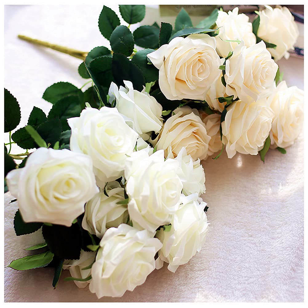 Jasion Artificial Roses 10 Heads 2.8" Flowers Arrangement Silk Bouquet for Home Office Parties Bridal Wedding Decoration (White)