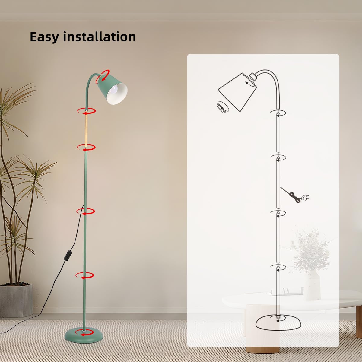 ANTENLICHT Lámpara de lectura de pie E27, casquillo máx. 60 W, lámpara de pie giratoria para salón, dormitorio, estudio, lámpara de pie nórdico con altura de 159 cm, verde (Sin bombilla)