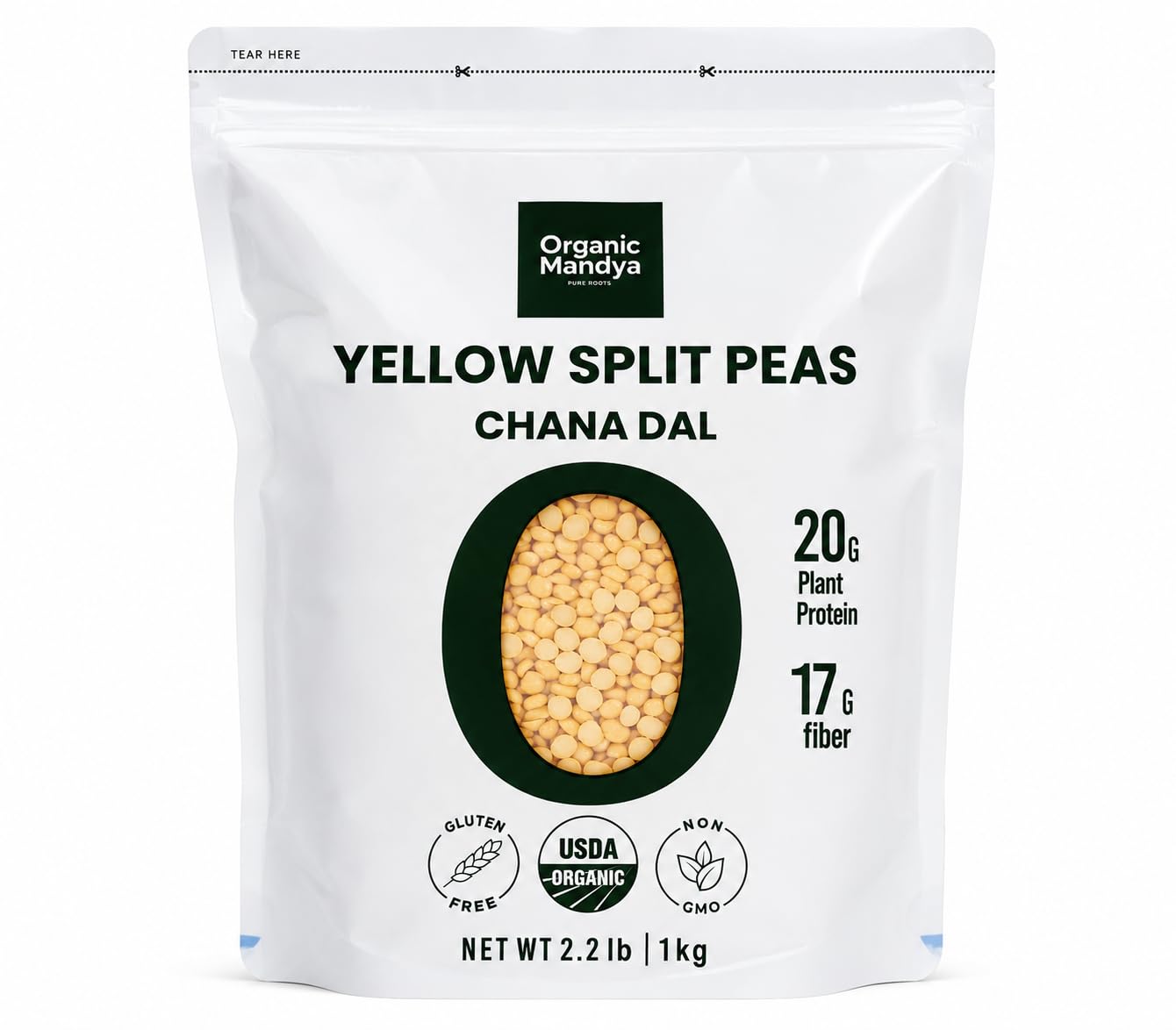 Organic Mandya Yellow Split Peas (Chana Dal), Gluten-Free, Non-GMO, Plant-Based Protein, 2.2 lb (1 kg)