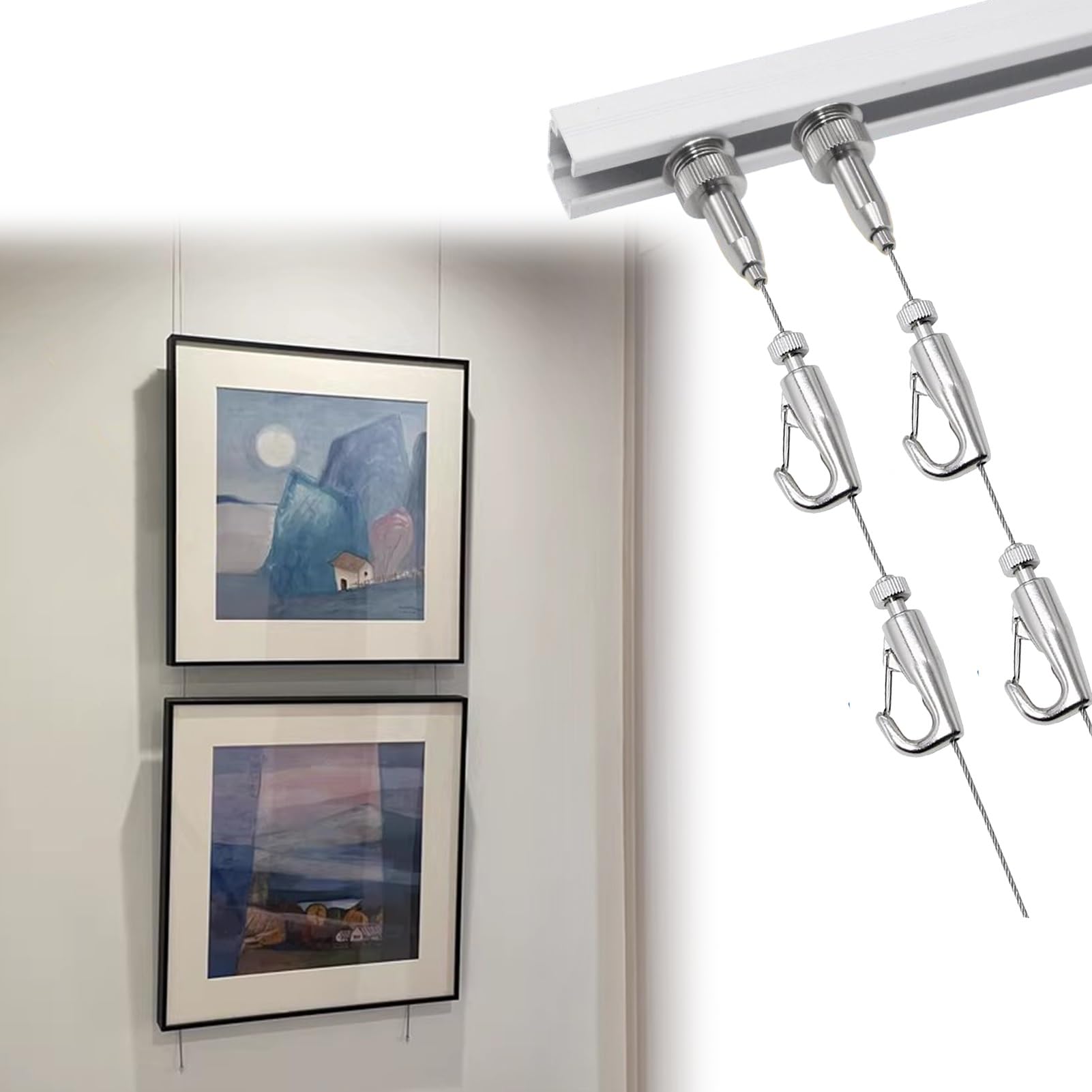 Cimaise pour Tableau Crochets pour Cimaises de Plafondet Système D'accrochage à Fil Métallique, Matériel pour Affiches, Décoration Murale pour Galerie(1.5m/4.9' Cable,110cm/43.3" Track)