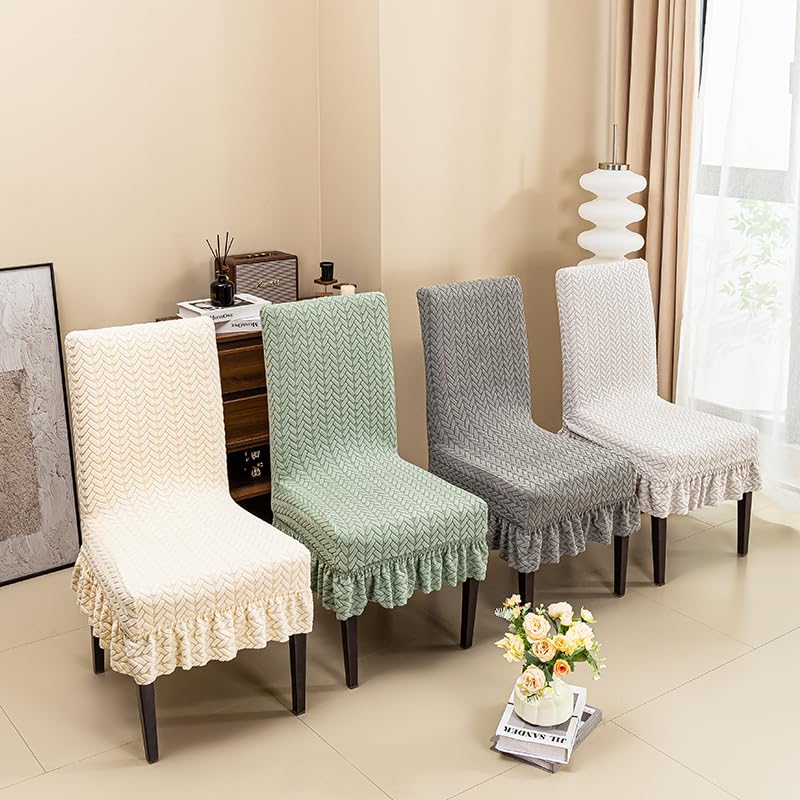 Image of Dining Chair Covers with Skirt, Chair Covers for Dining Room Set of 4,Light Grey Durable High Elastic Stretchable Easy Fit Universal Furniture Protector for Dining Room, Hotel, Ceremony