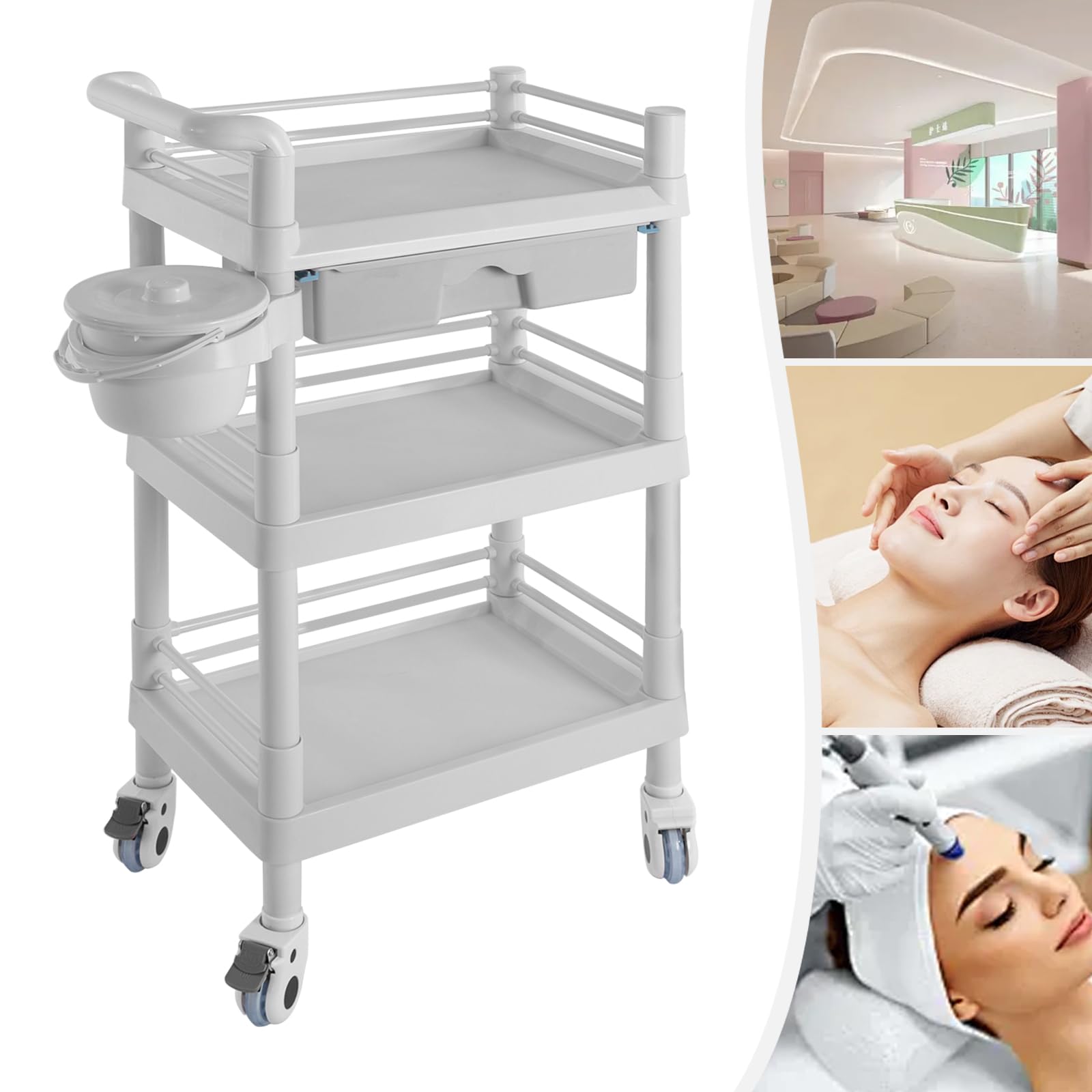 Salon Möbel Spa Beauty Trolley Rolling Cart - Carrito de belleza de 3 niveles, con cajón para salones de peluquería, salones de belleza, color gris