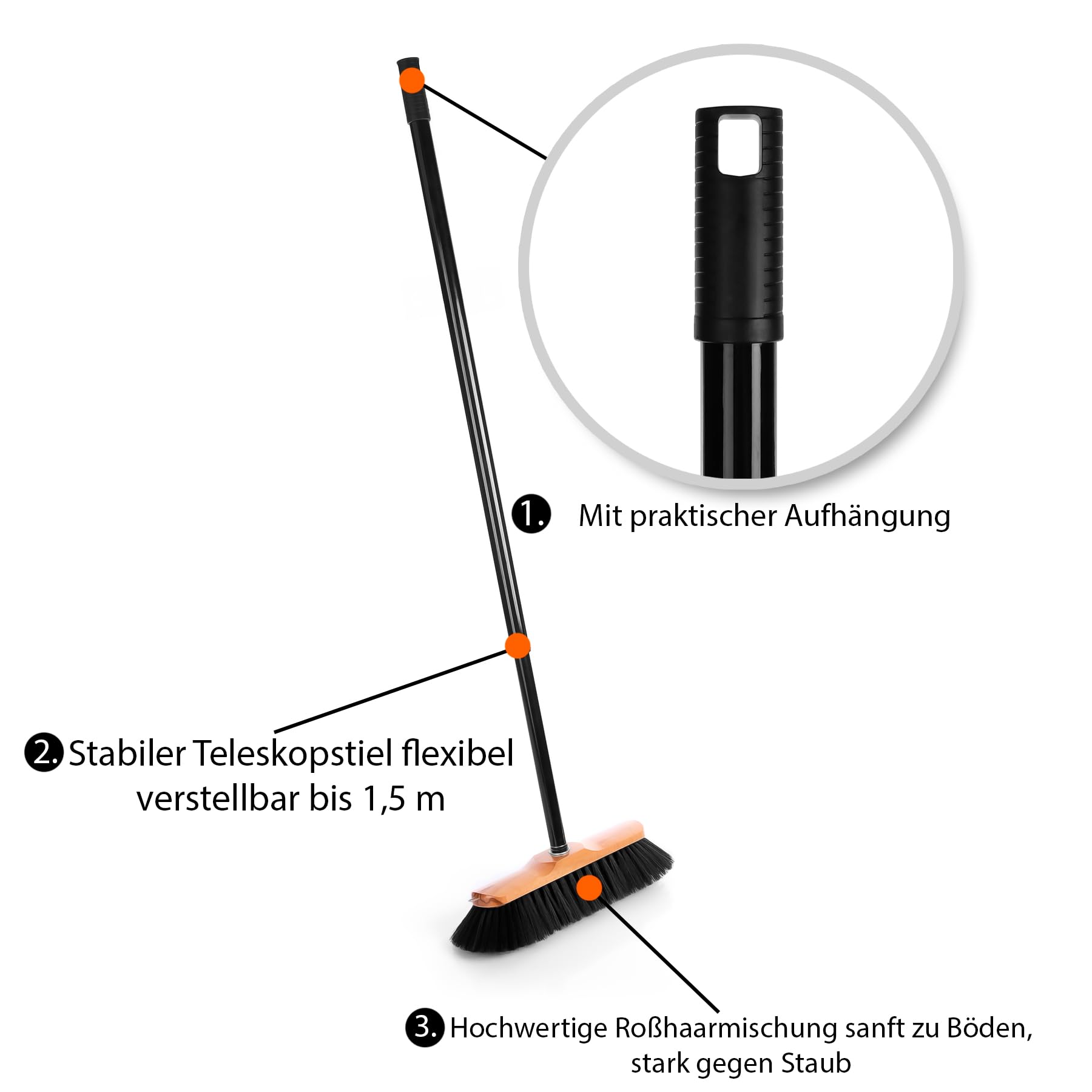 BigDean Zimmerbesen mit Stiel 150 cm ausziehbar – Besen mit feinen Rosshaar Borsten & Made in Germany