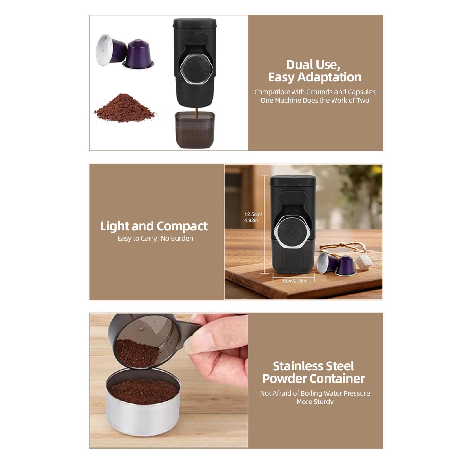 Luocute Cafetera Portátil, Cafetera de Viaje de Acero Inoxidable con Prensa Manual para Acampar Al Aire en Casa, con Diseño Reutilizable sin Cápsula