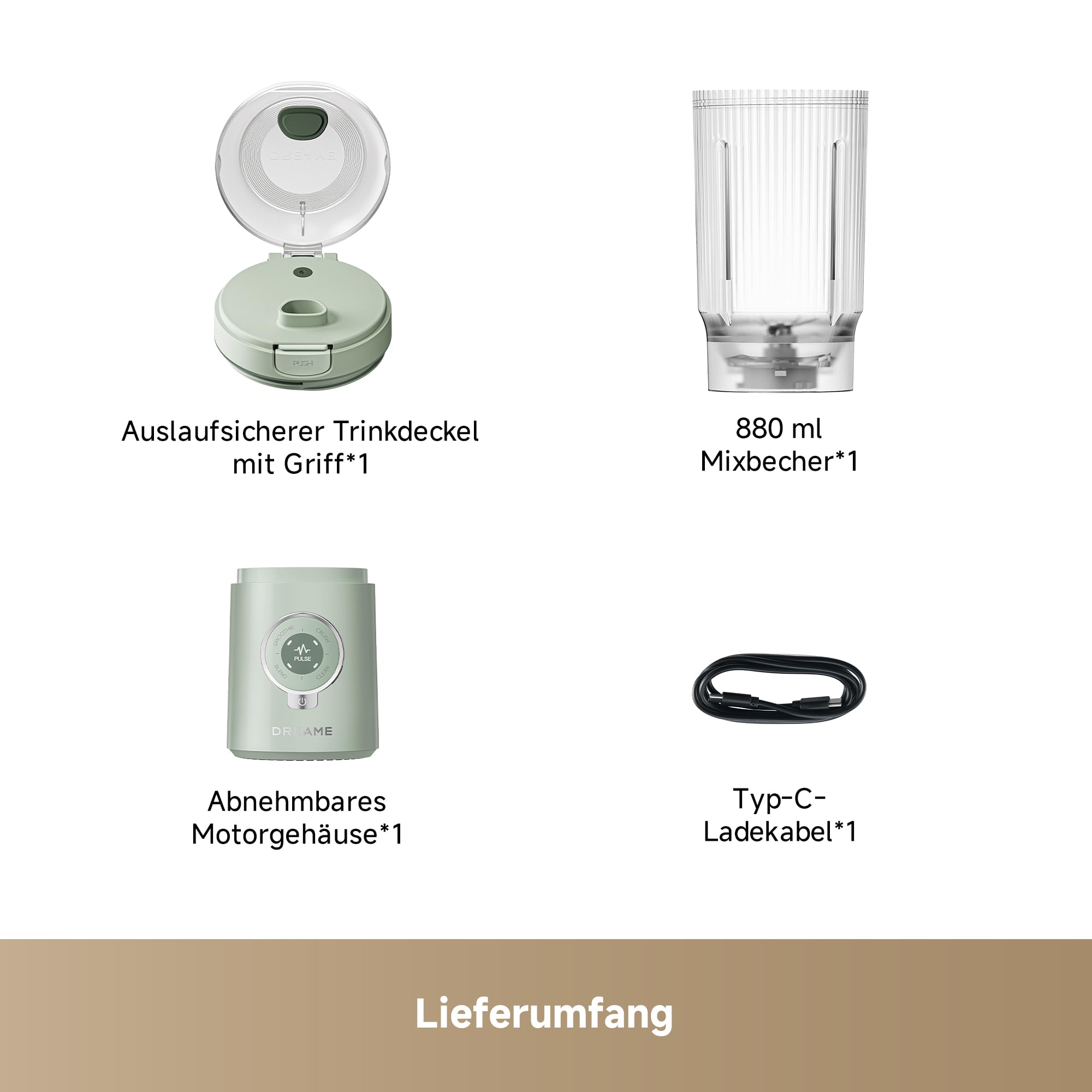 DREAME PortFresh Tragbarer Mixer,Abnehmbares Motorgehäuse, Schnellladen, 880 ml BPA-freier Mixbecher (500 ml Mixkapazität), 5 voreingestellte Funktionen, Selbstreinigungsmodus,Spülmaschinenfest,Grün