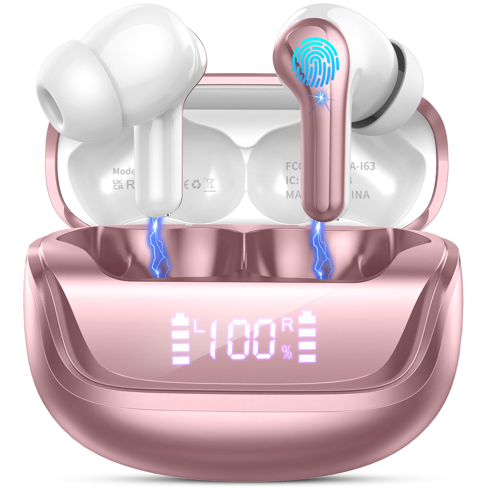 Wireless Earbuds, Bluetooth 5.4 Headphones Deep Bass Stereo, in-Ear Earphones with 4 ENC Mics, 45H Playtime LED Display Mini Charging Case Ear Buds,