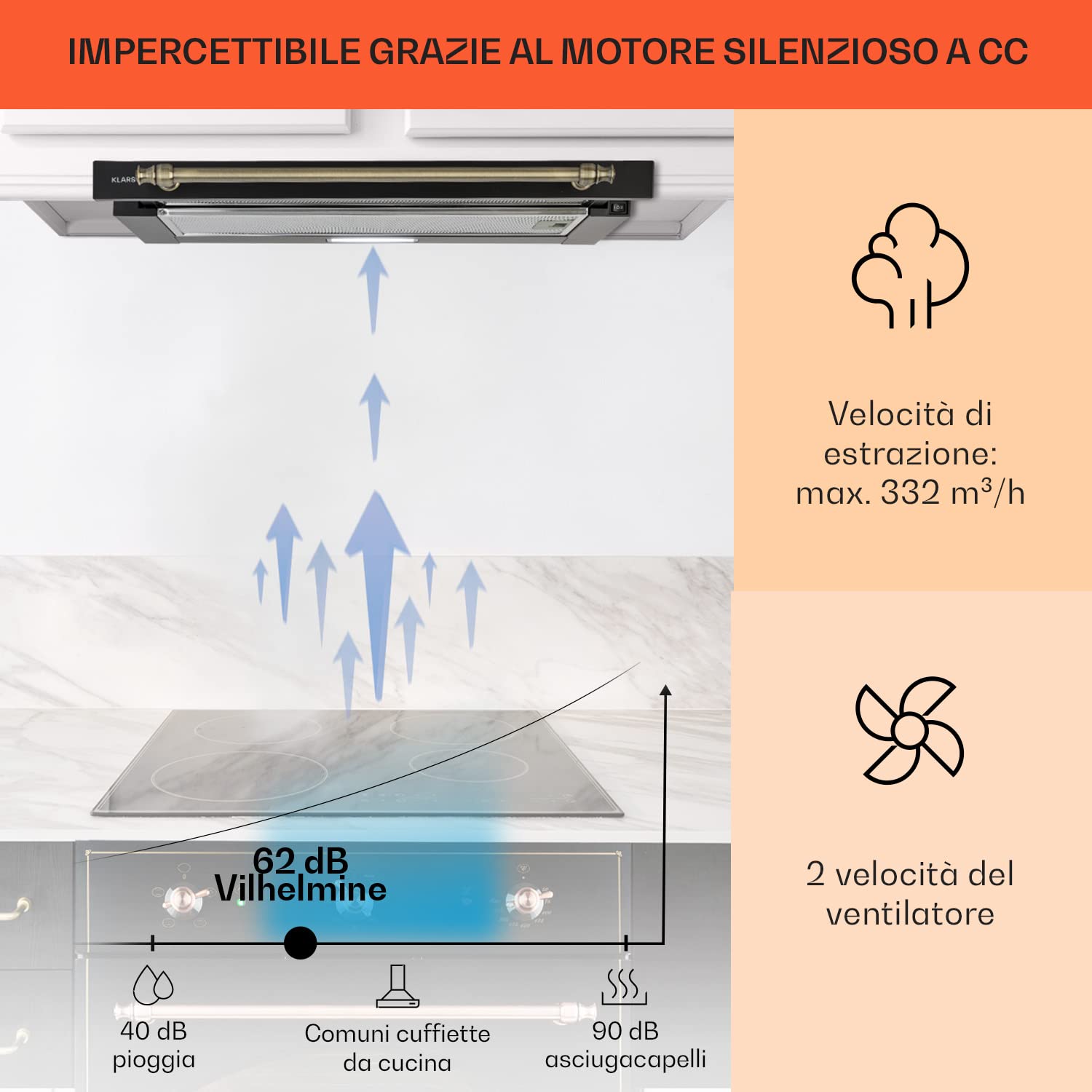 Klarstein Cappa Aspirante, Cappa Cucina con Timer e Flusso d'Aria di 332m³/h, Cappa Sospesa per Isola Cucina con 2 Modalità e Filtri Antigrasso, Cappa Isola Sottopensile