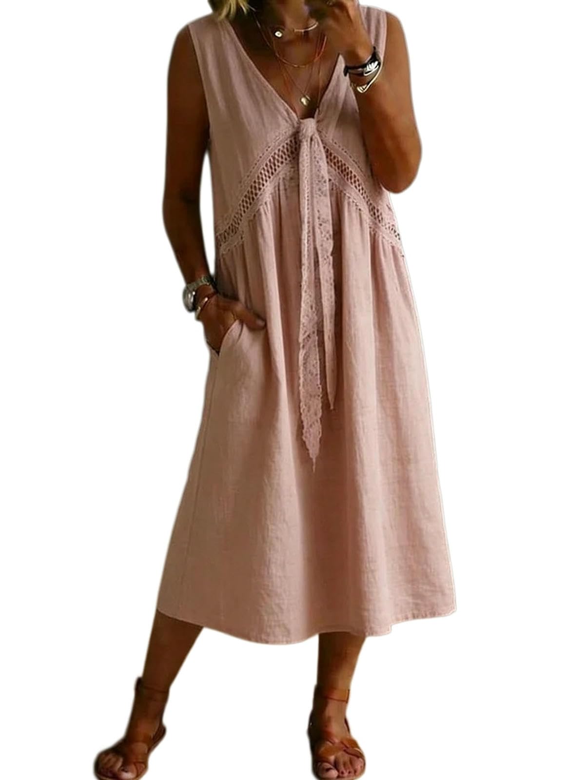 Vestito Abito Lungo da Donna Senza Maniche con Scollo A V – Spiaggia Casual-Rosa-s