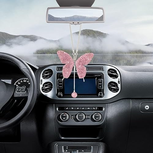 Miniatura 6 de Paquete de 9 dijes de mariposa de cristal brillante para espejo retrovisor de automóvil, decoración de automóvil, colgante de adorno interior