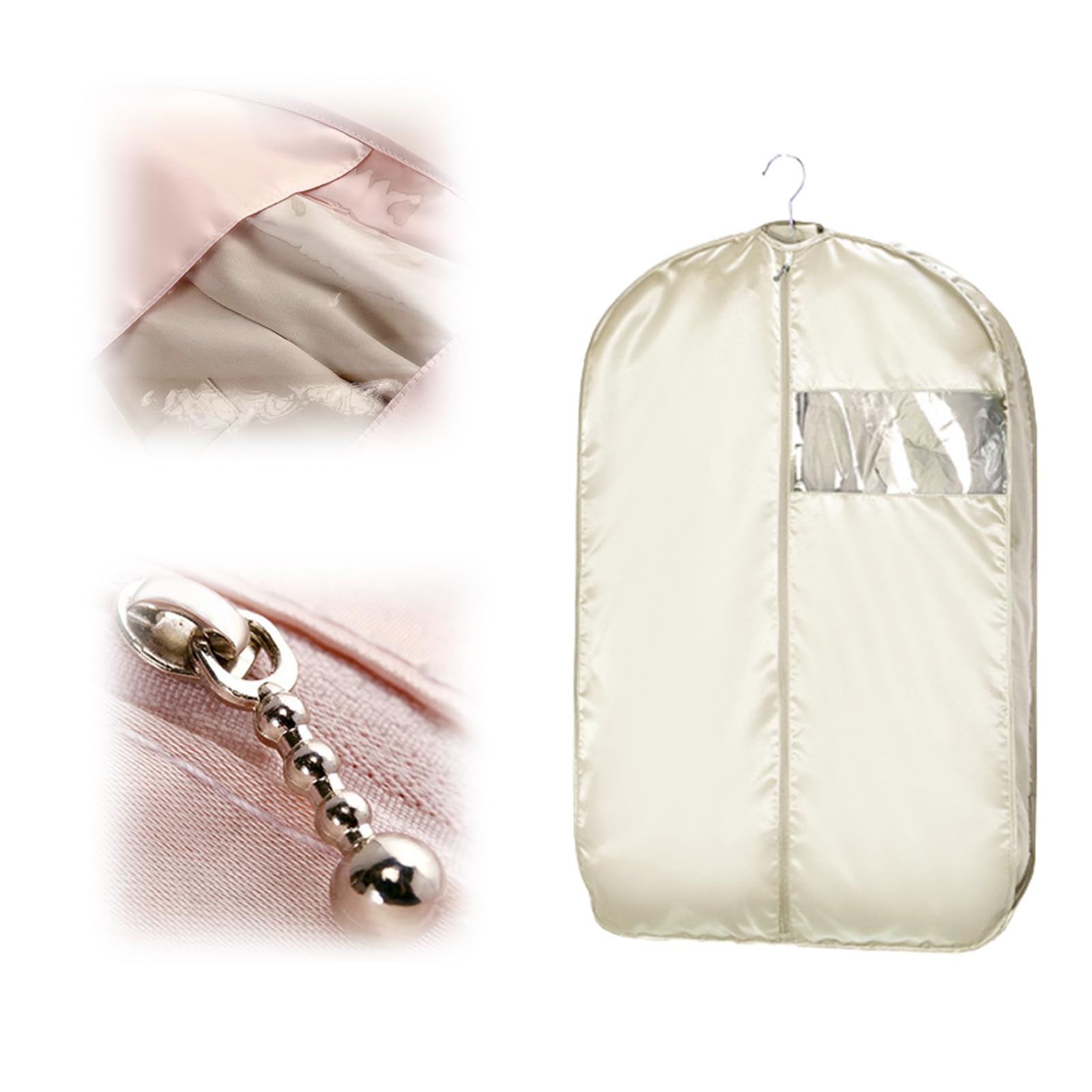 Space Saving Hanging Garment Bag with Self Compression Zipper, 2025 Upgraded Dust Cover Clothes Bags for Down Coat, Space Saver Closet Organizers, Dustproof Clothes Storage (Beige, Medium)