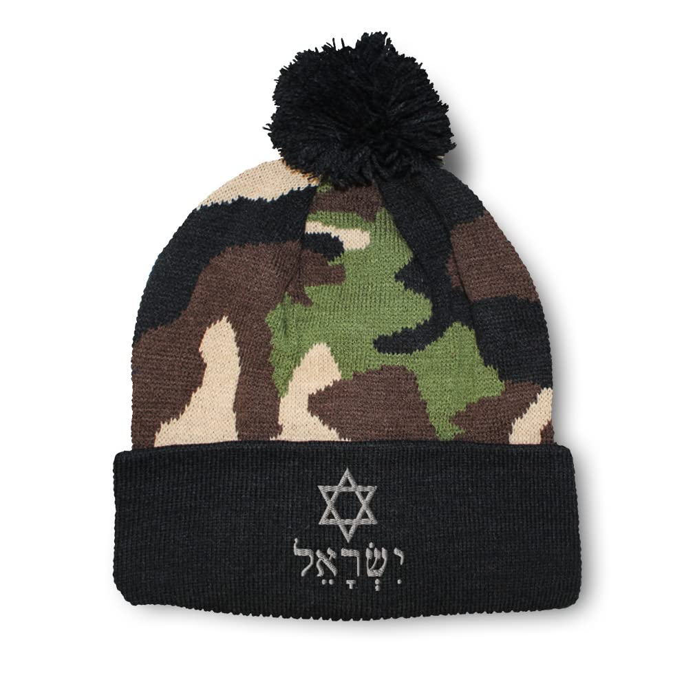 Speedy Pros Pom Pom Beanies for Women Hebrew Israel Star of David A Embroidery Skull Cap Star of David Symbols Winter Hats for Men Acrylic 1 Size Camo Design Only