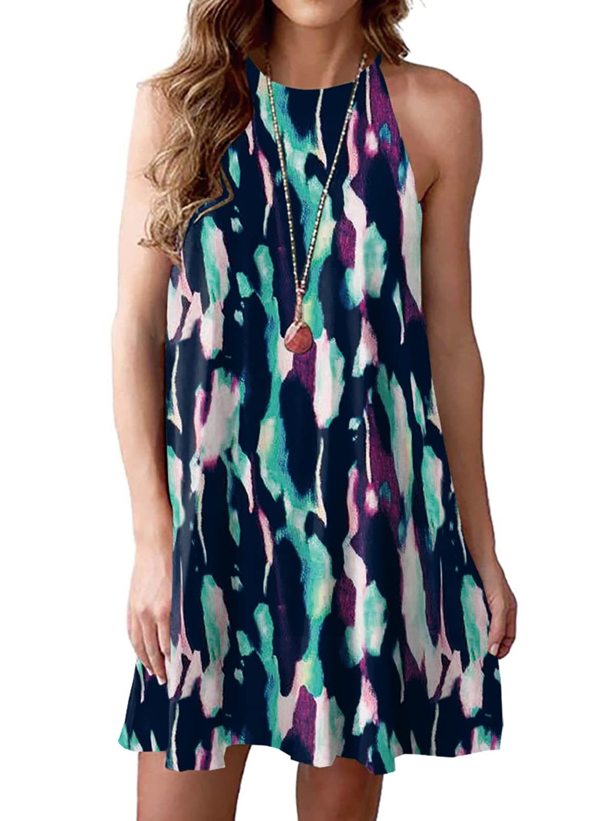 Women's Halter Neck Boho Floral Print Loose Casual Sleeveless Short Dress