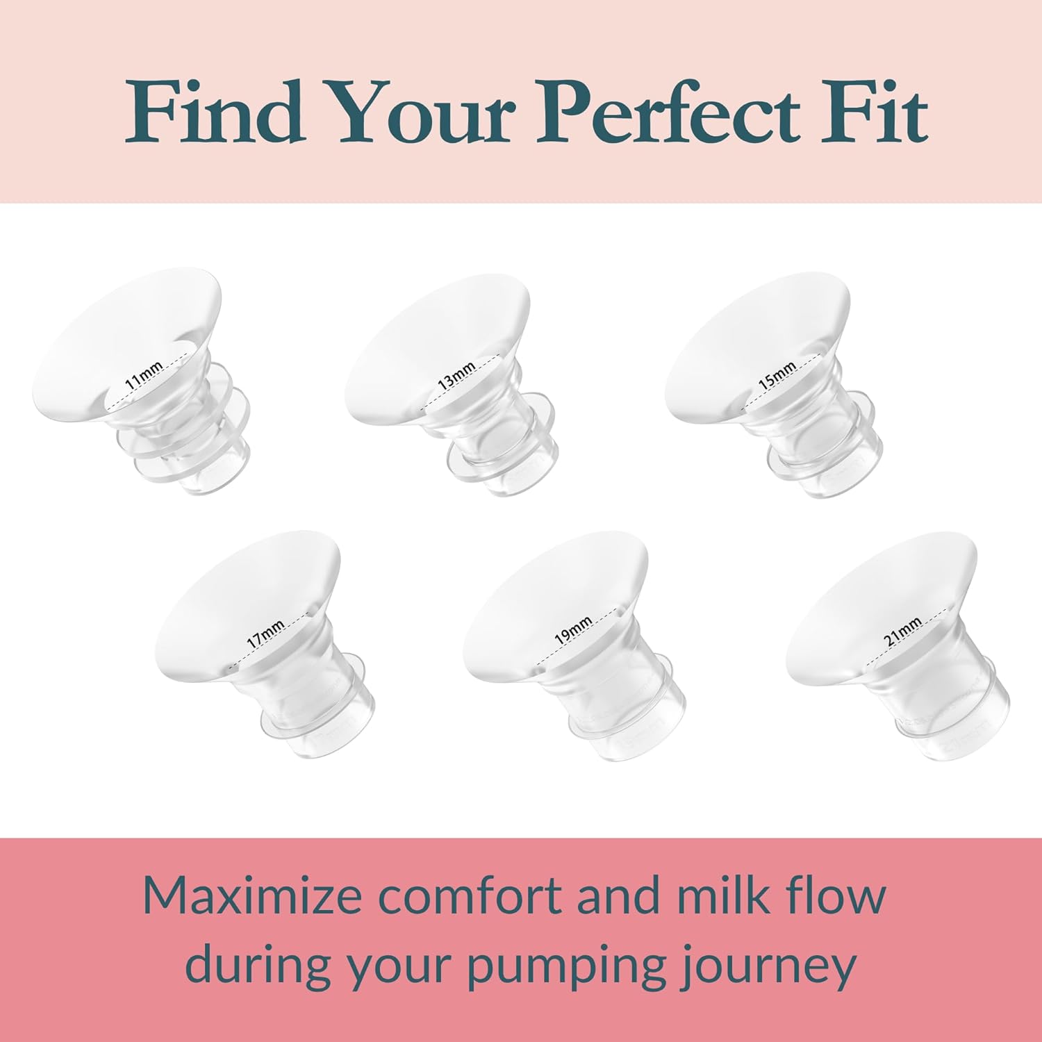 Image displaying six different Ameda flange inserts with sizes 11mm, 13mm, 15mm, 17mm, 19mm, and 21mm, labeled 'Find Your Perfect Fit'.