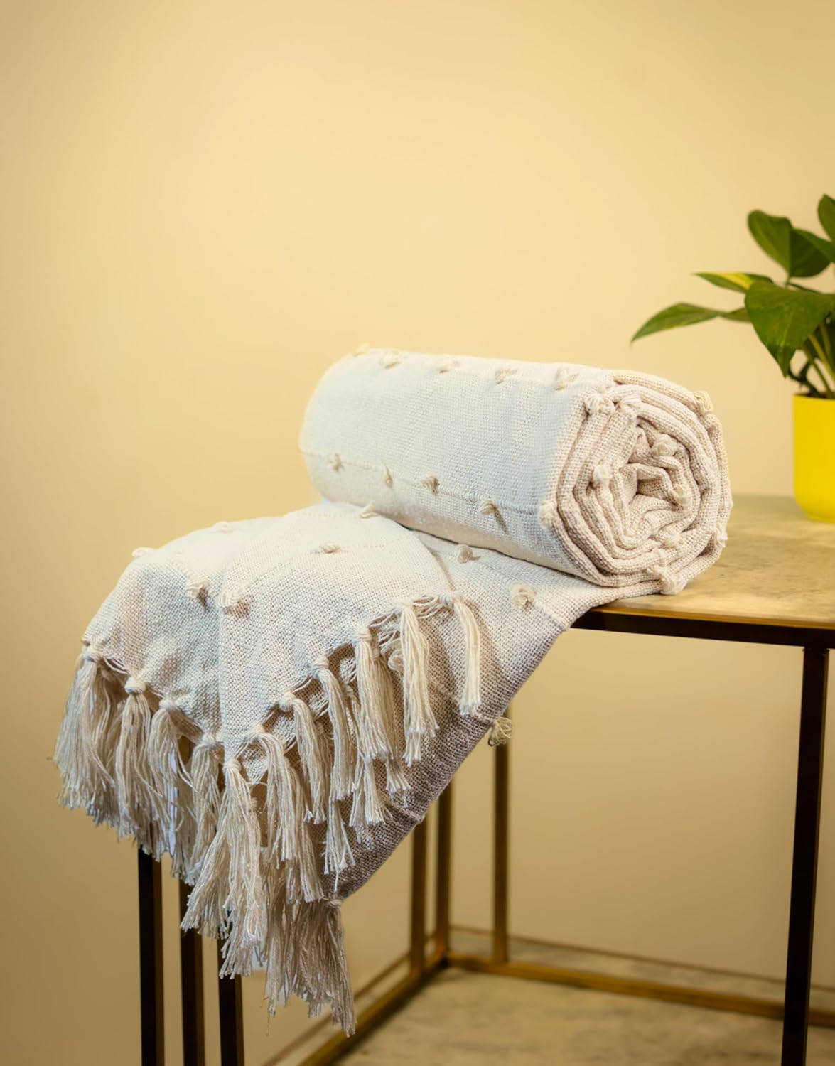 TARANTARAN Decorative Cotton Throw Blanket with Tassels, Cream White, Textured Knit Design Size 52x72 inches | Pack of 1 | | Natural |-image-43