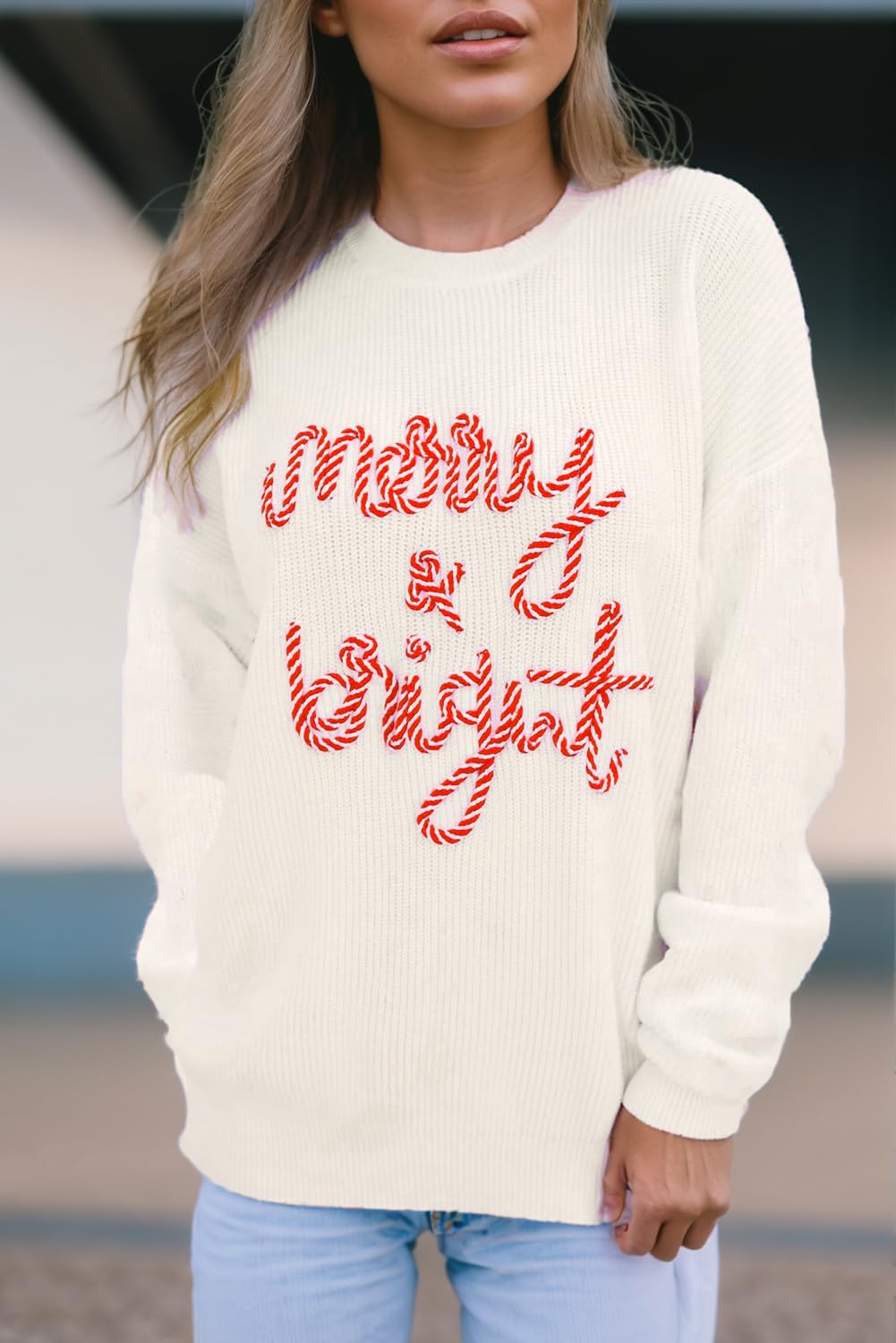 Women's Pullover Sweater Christmas Crewneck Long Sleeve Merry and Bright Letter Embroidery Oversized Tunic Tops - Image 4