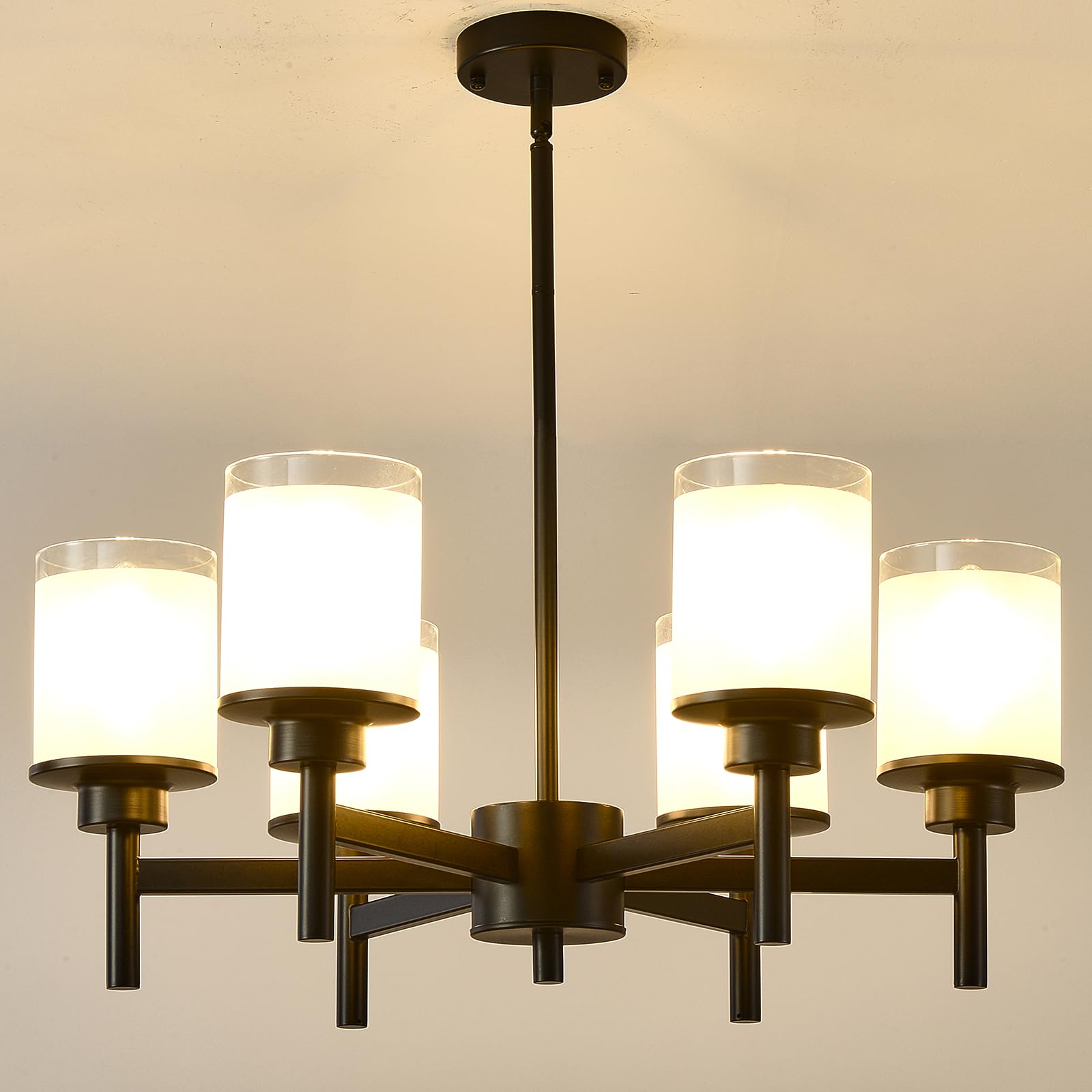 6-Light Black Chandelier for Dining Room Kitchen Island,Modern Farmhouse Pendant Lighting Over Table with Glass Shades,Industrial Metal Hanging Ceiling Light Fixture for Bedroom Hallway