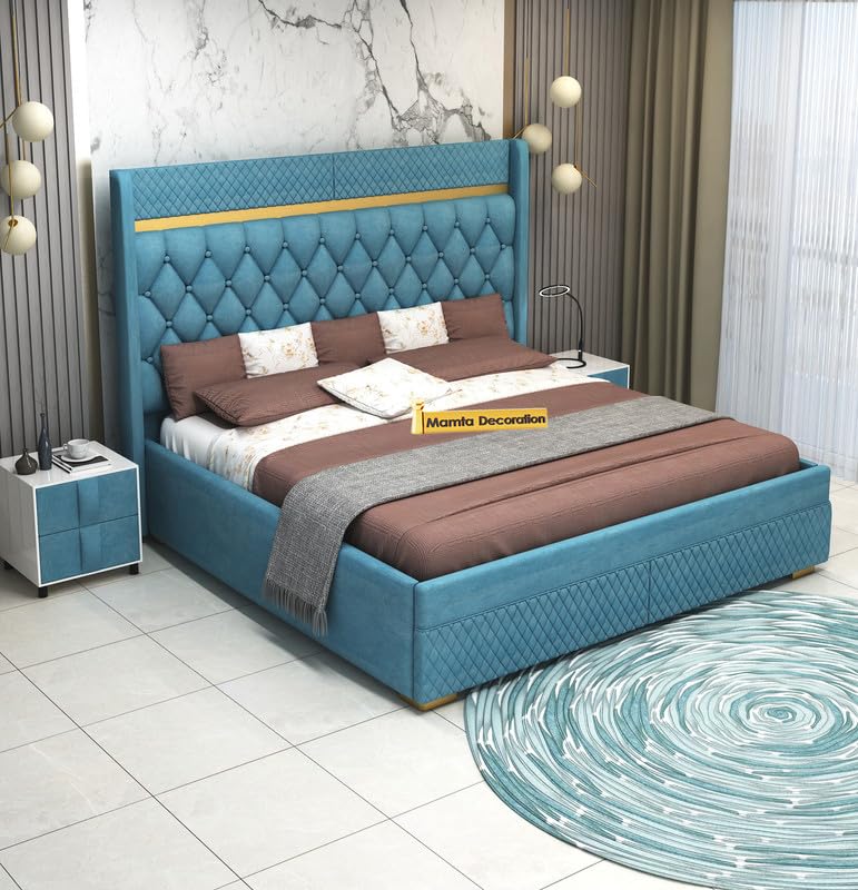Image of MAMTA DECORATION Solid Wood Queen Size Bed with Box Storage | Premium Velvet Upholstered Tufted Headboard Palang Cot Bed | Modern Wooden Double Bed for Bedroom, Home, Hotel & Guest Room | Blue Finish