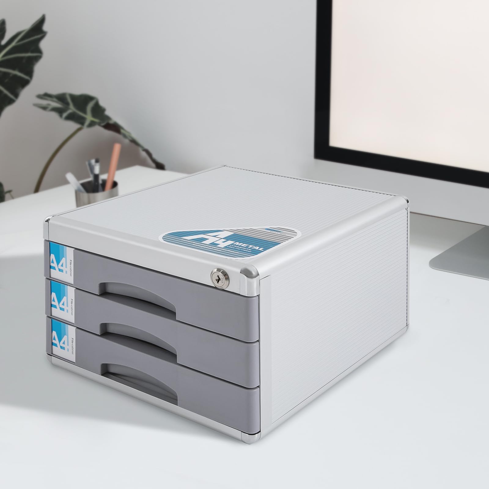 Cassettiera a 3 scomparti, formato A4, in metallo, con chiusura a chiave, cassettiera con scomparti per scrivere