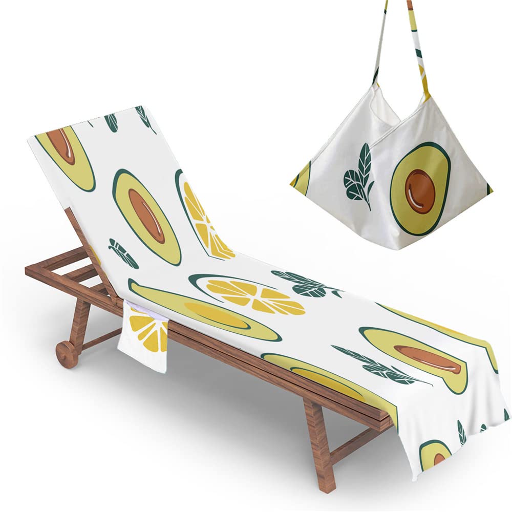 RRrawgff Beach Chair Cover Towel, Fashion Avocado Print Beach Towel Lounger Bags with Pockets, Microfiber Sunbed Sun Lounger Towels for Summer Outdoor Garden Pool Travel (Lemon,73x210cm)