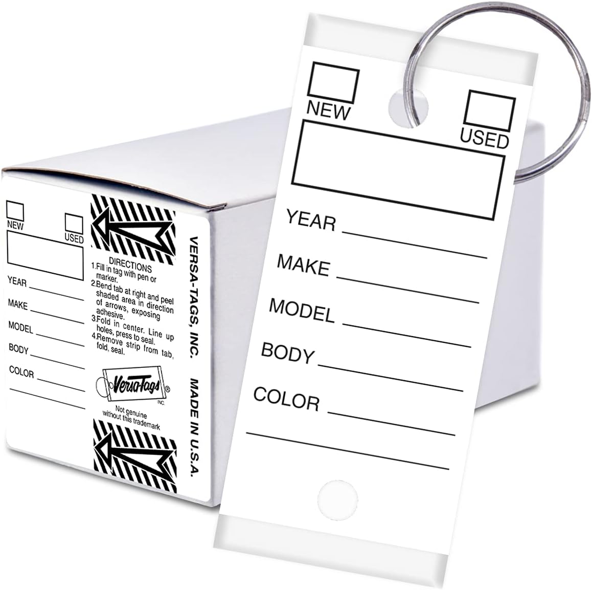 Versa-Tags 250 Per Box, Self-Protecting Paper Key Tags with Chrome-Plated Split Rings Perfect for Car Truck Or RV Dealers White